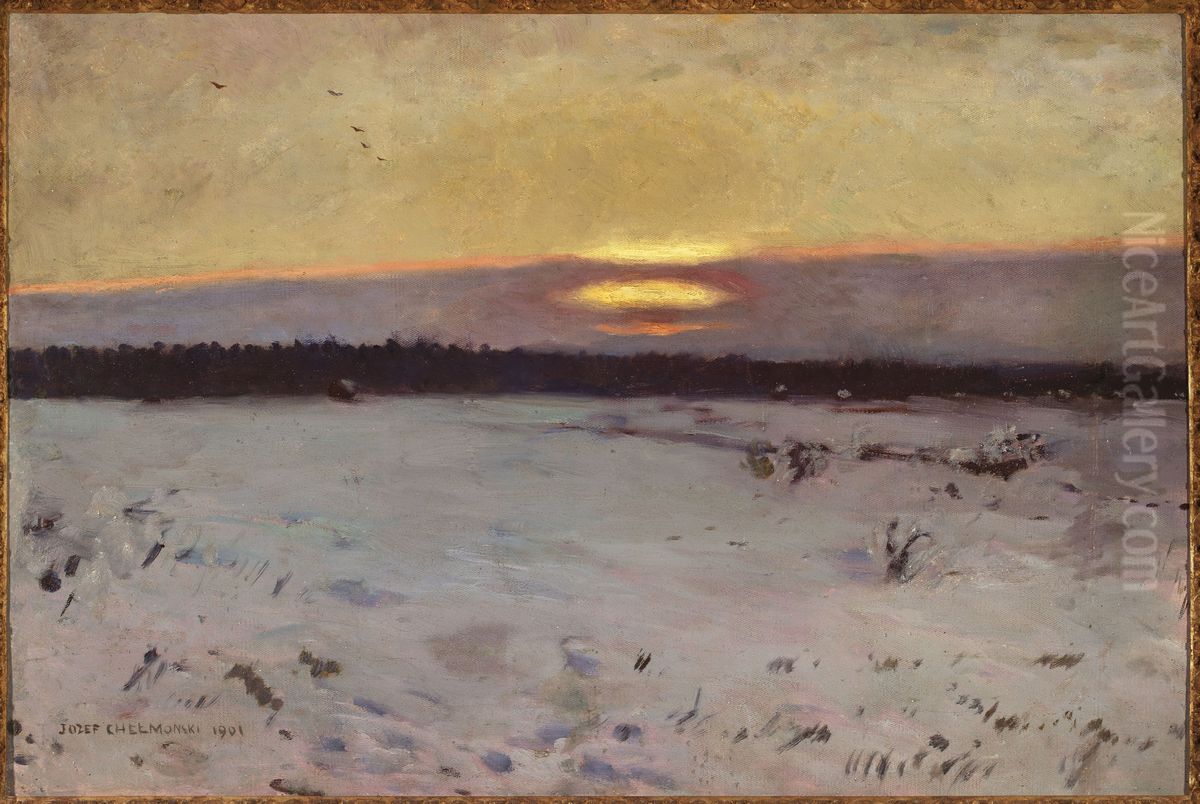 Sunset in winter Oil Painting by Jozef Chelmonski