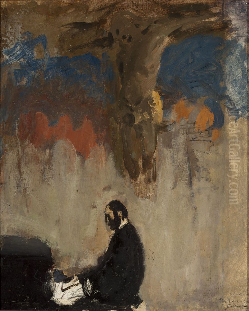 Feliks Jasienski at the organ, sketch Oil Painting by Leon Wyczolkowski