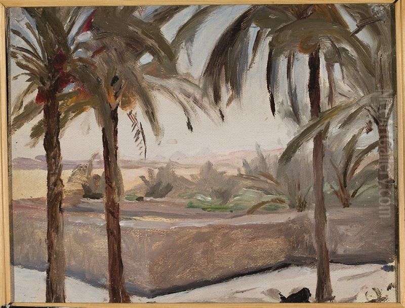 Palm trees against the pyramids. From the journey to Egypt Oil Painting by Jan Ciaglinski
