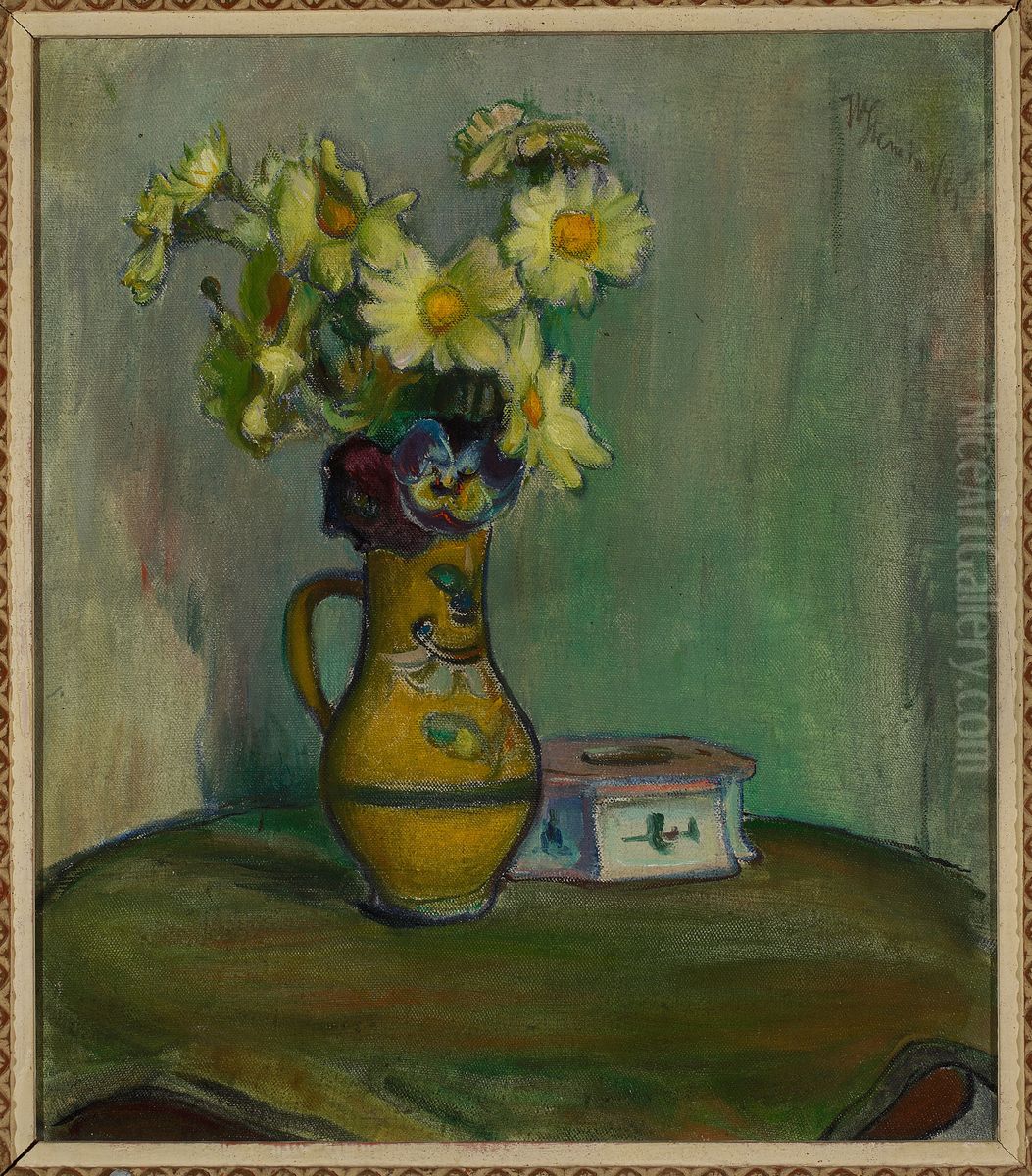 Flowers in a yellow pitcher Oil Painting by Wladyslaw Slewinski