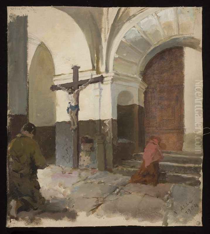 In the church porch Oil Painting by Kazimierz Alchimowicz