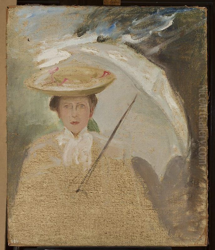 Portrait of a lady with an umbrella, sketch Oil Painting by Jan Ciaglinski