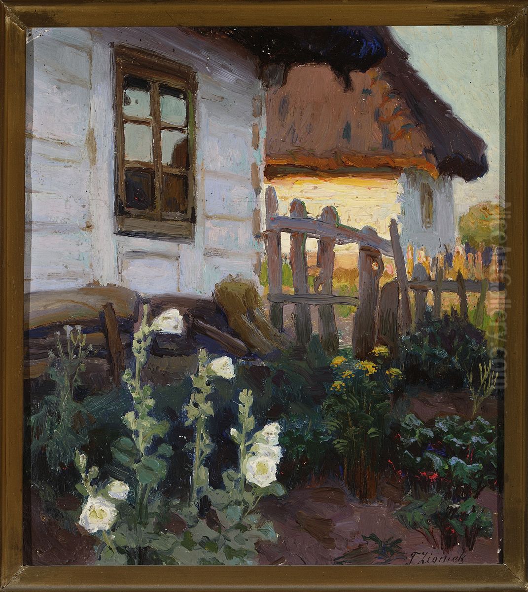Landscape with a cottage and hollyhocks Oil Painting by Teodor Ziomek