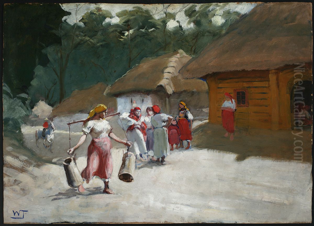 Talking on a rural road Oil Painting by Wlodzimierz Tetmajer