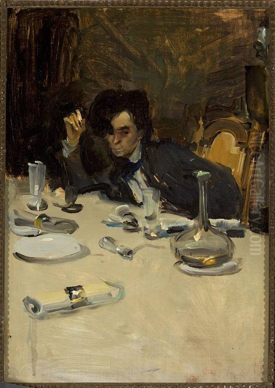Painter Roman Laskowski at the table, sketch Oil Painting by Konrad Krzyzanowski