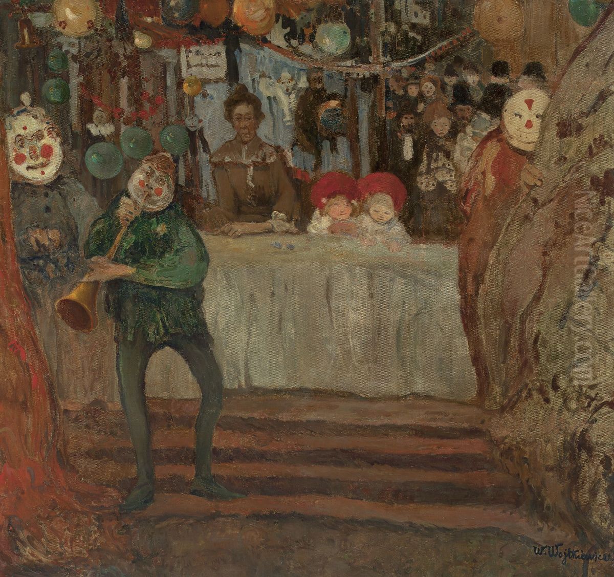 Circus - In front of the little theatre Oil Painting by Witold Wojtkiewicz