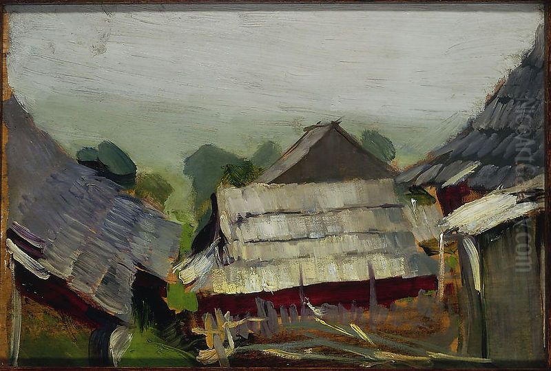 View from Istebna III. Farmyard Oil Painting by Konrad Krzyzanowski