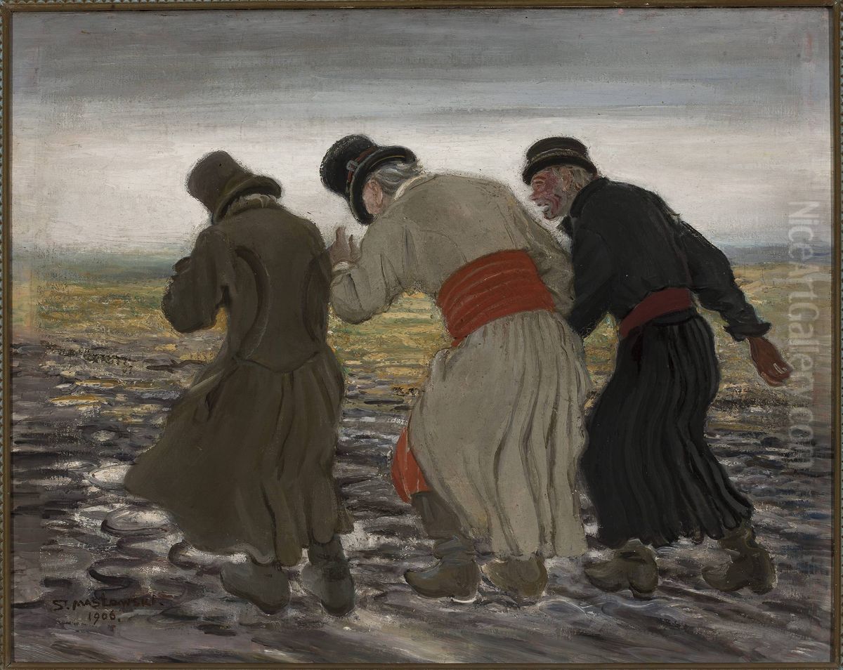 Drunken peasants Oil Painting by Stanislaw Maslowski