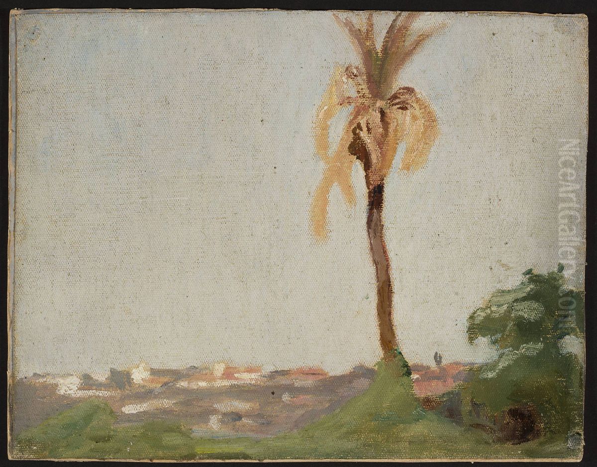 Grave of a holy man - landscape with a palm tree. From the journey to India Oil Painting by Jan Ciaglinski