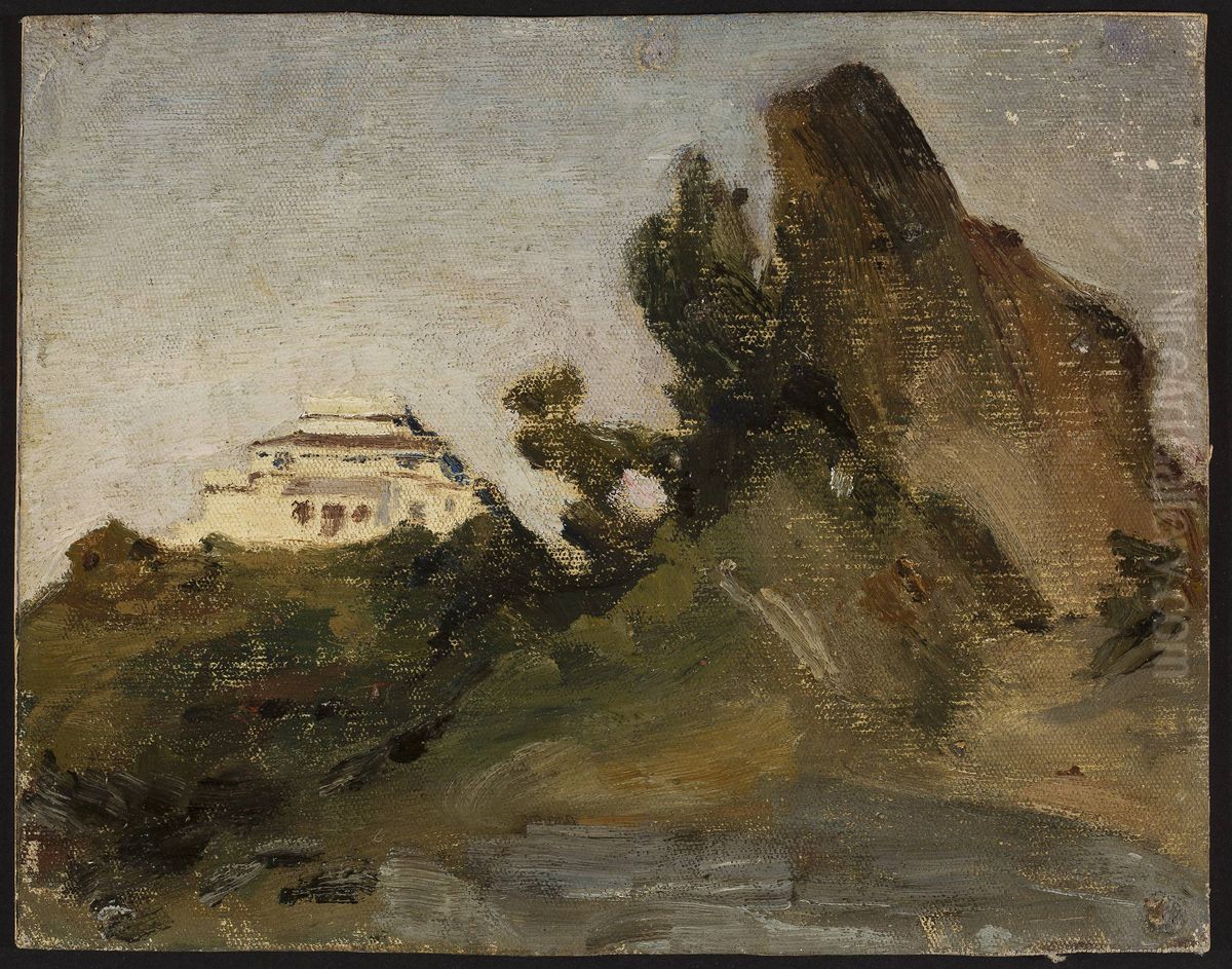 Abu Road, maharajah's house at dusk. From the journey to India Oil Painting by Jan Ciaglinski