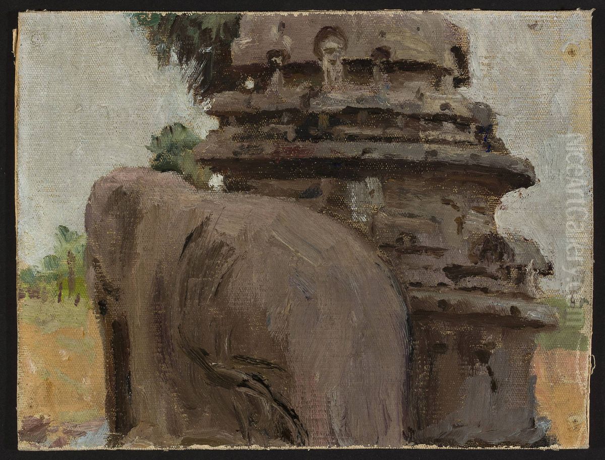 Mahalipur - Pagoda carved in the rock. From the journey to India Oil Painting by Jan Ciaglinski