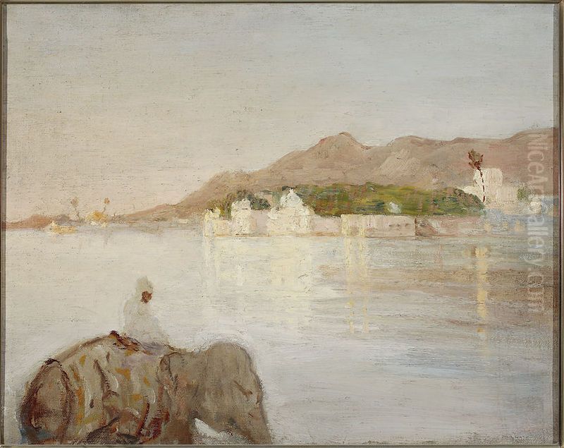 Maharajah Palace at the Udaipur lake. From the journey to India Oil Painting by Jan Ciaglinski