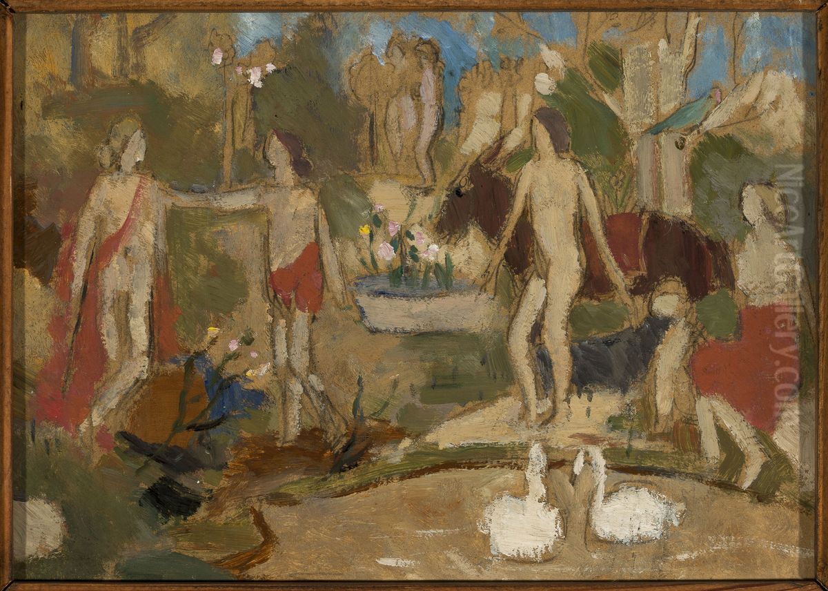 Garden scene with figures and swans Oil Painting by Tadeusz Makowski