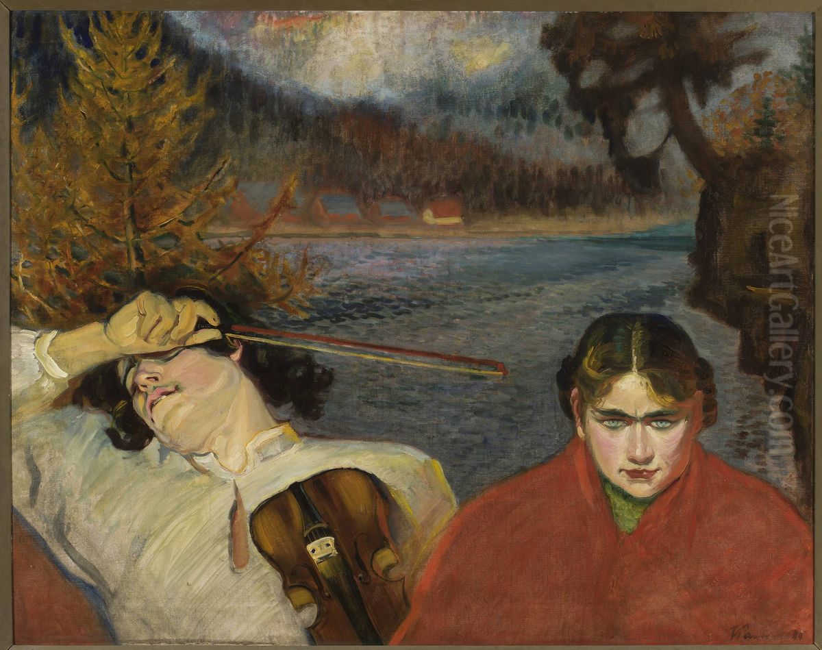 Fiddler - Symbolic scene against landscape Oil Painting by Fryderyk Pautsch