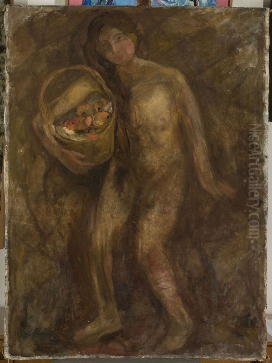 Nude girl with a basket of apples Oil Painting by Tadeusz Makowski