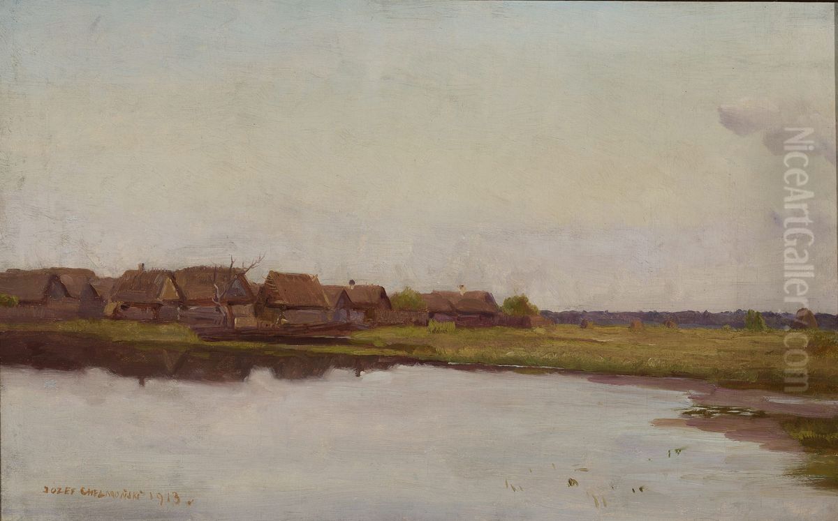 Village at waterside Oil Painting by Jozef Chelmonski
