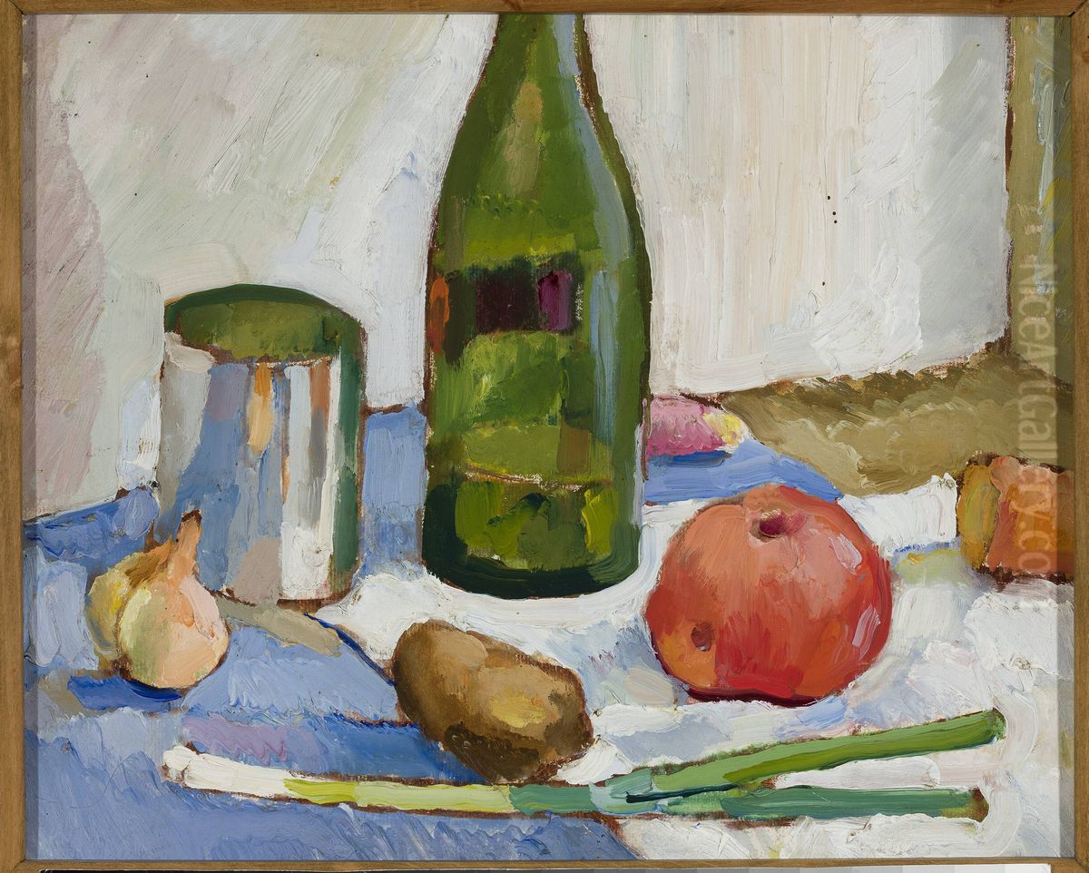 Still life with a green bottle Oil Painting by Zygmunt Waliszewski