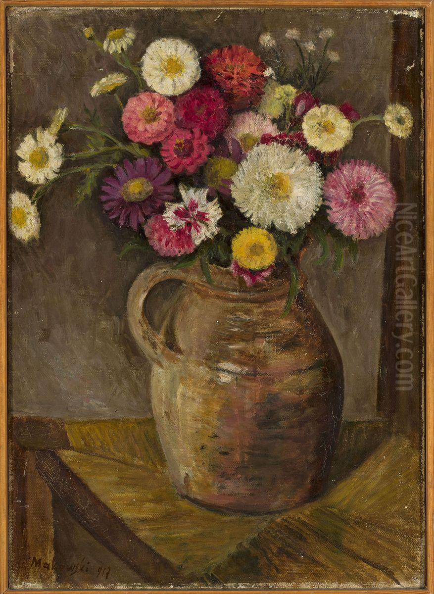 Asters and zinnias in a clay jug Oil Painting by Tadeusz Makowski