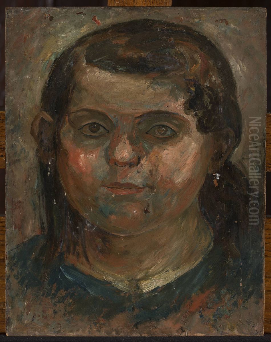 Head of a little girl in a blue dress Oil Painting by Tadeusz Makowski