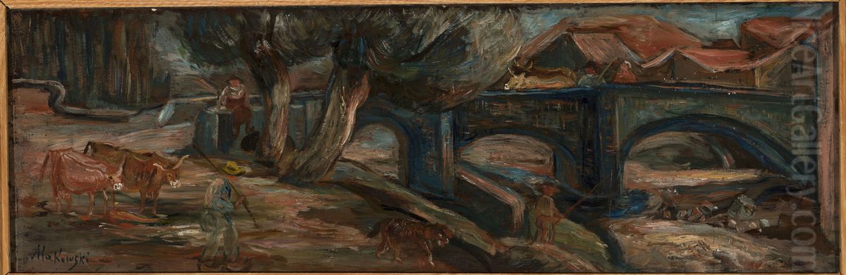 Landscape with a bridge and cows (Espaly) Oil Painting by Tadeusz Makowski