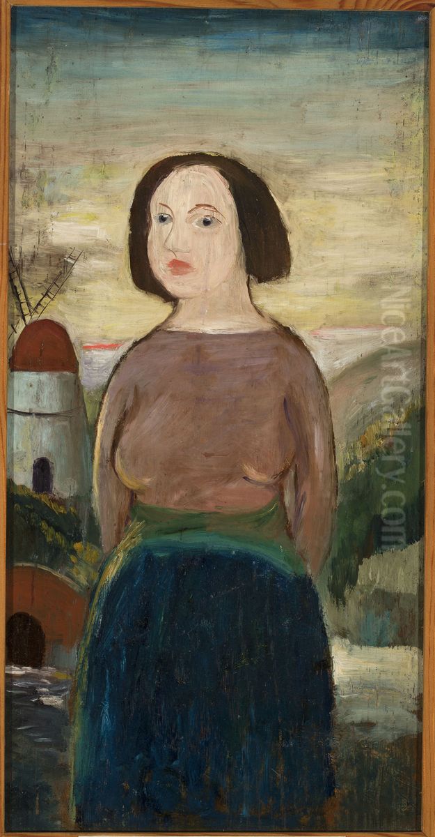 Girl against the background of a landscape with a windmill Oil Painting by Tadeusz Makowski