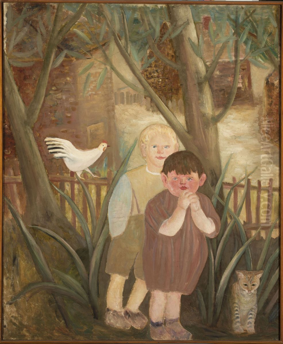 Two children with a cat Oil Painting by Tadeusz Makowski