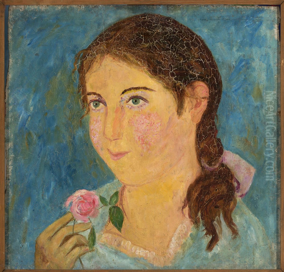 Girl holding a rose in her hand Oil Painting by Tadeusz Makowski