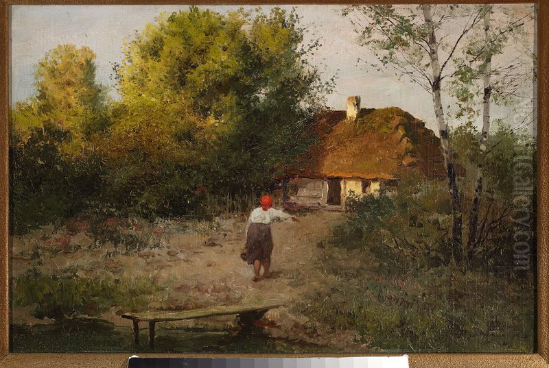 Peasant woman in front of a cottage Oil Painting by Jozef Rapacki