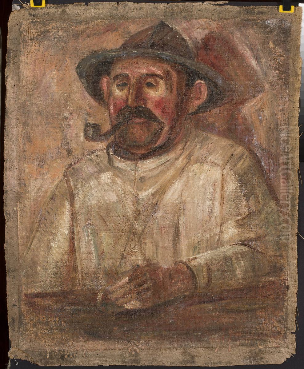 Bust of a man in a hat with a pipe Oil Painting by Tadeusz Makowski