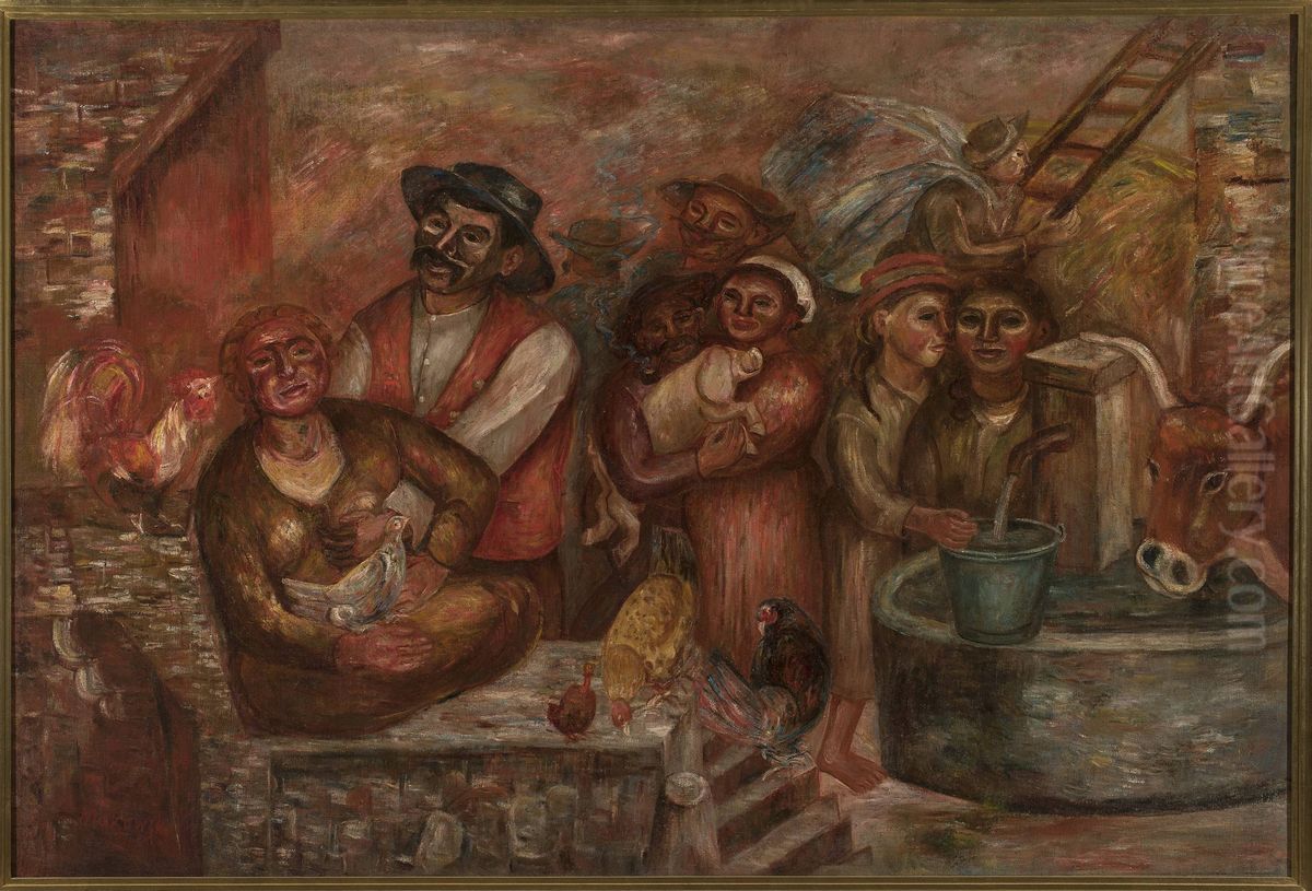Villagers Oil Painting by Tadeusz Makowski