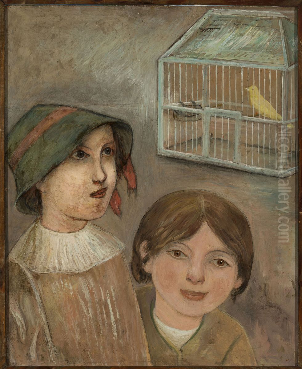 Two little girls beside a cage with a canary Oil Painting by Tadeusz Makowski