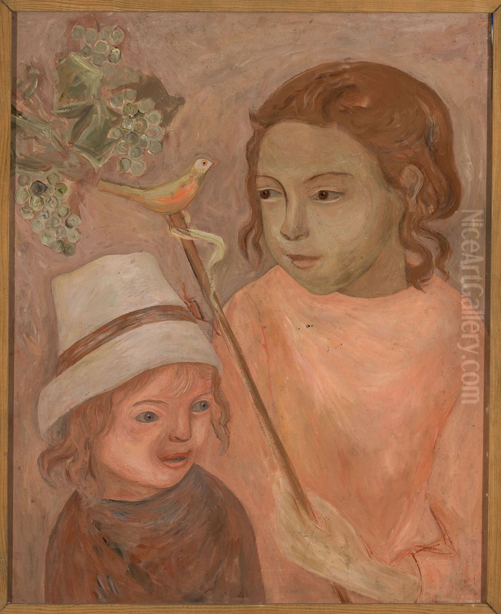 Dzieci z ptaszkiem na drazku Oil Painting by Tadeusz Makowski