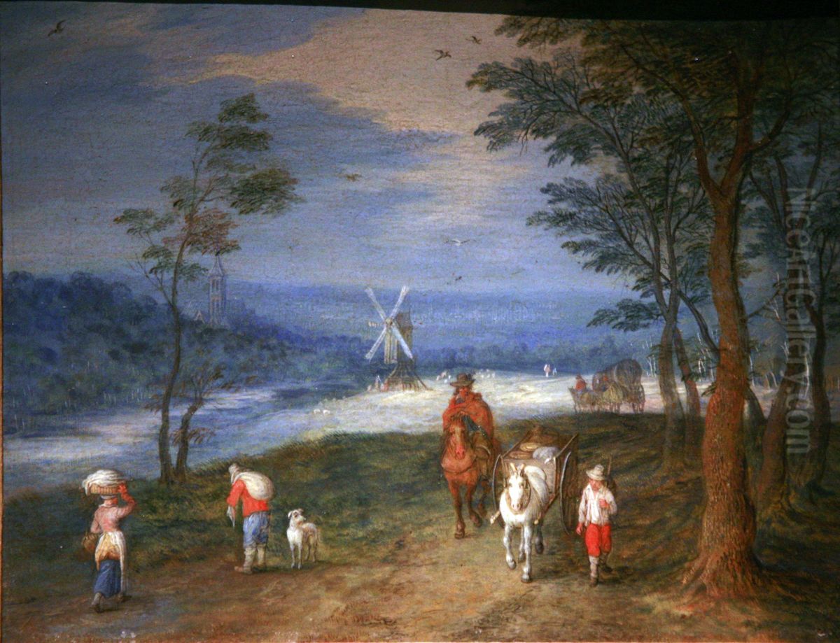Peasants on a path, with mill in the background Oil Painting by Jan Brughel