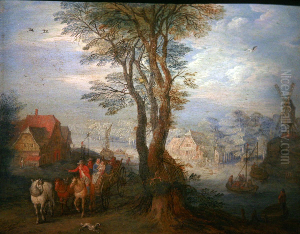 Peasants on a wagon near a river going through a village Oil Painting by Jan Brughel