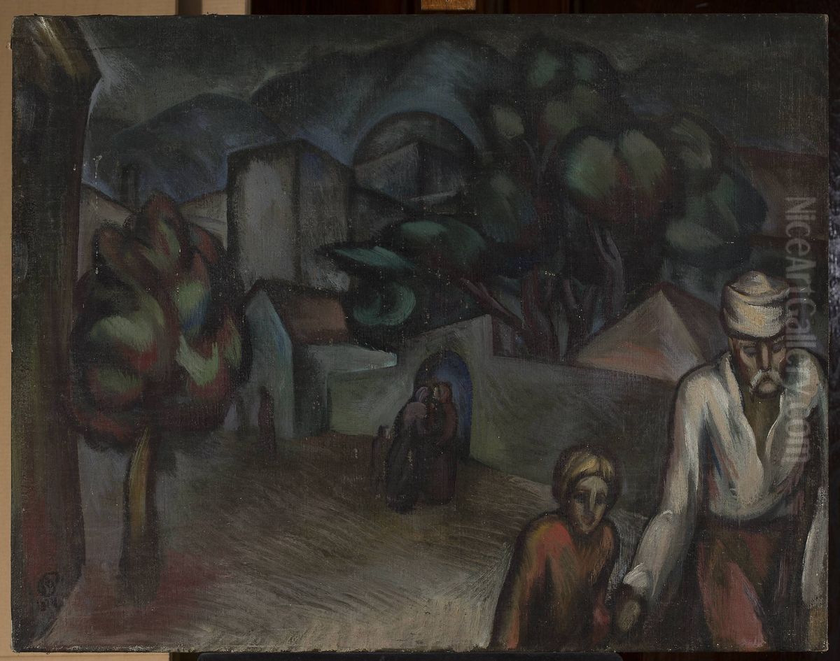 City landscape with figures Oil Painting by Roman Petrovic