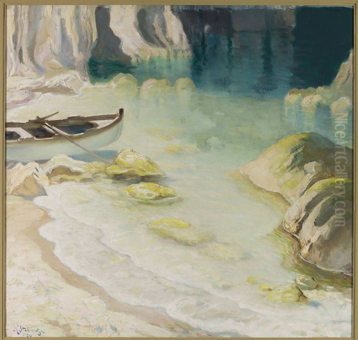 Boat at rocky coast Oil Painting by Kazimierz Stabrowski
