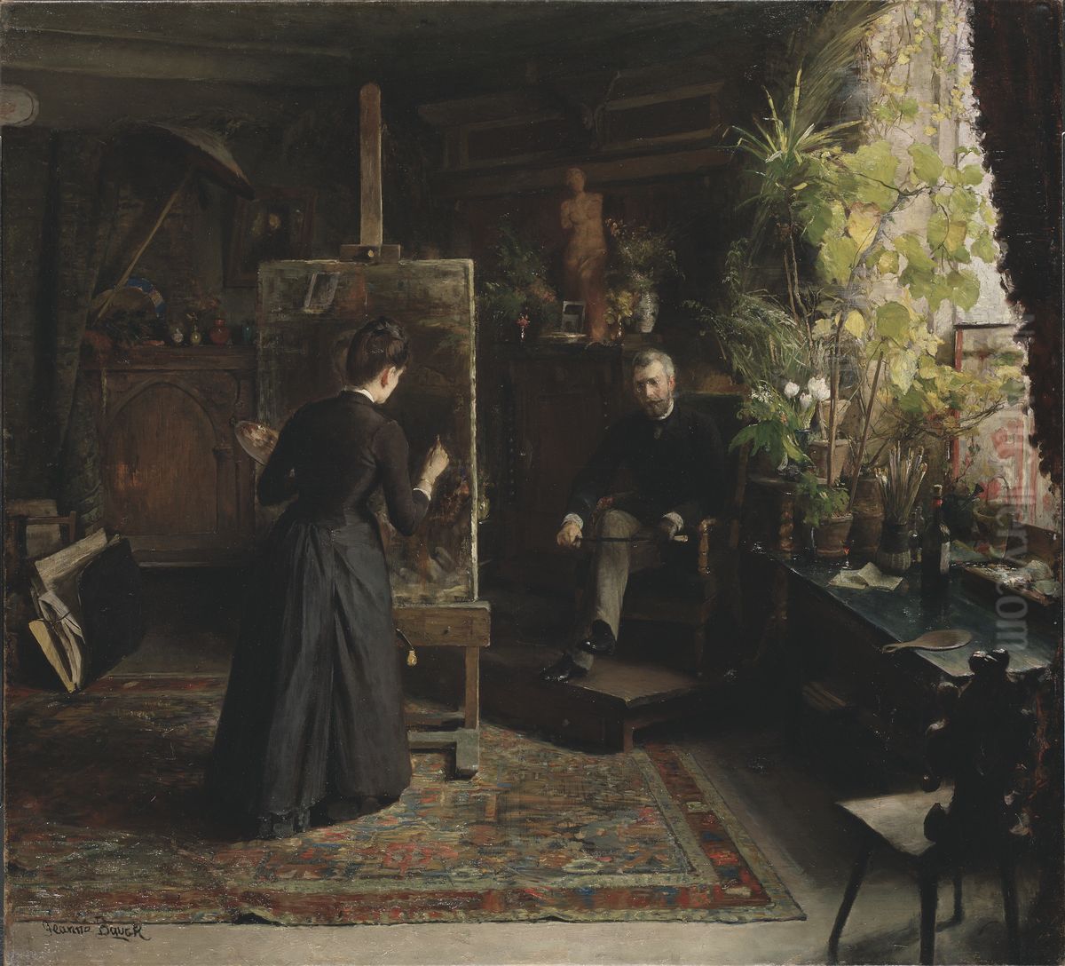 Den danska konstnaren Bertha Wegmann malande ett portratt Oil Painting by Jeanna Bauck