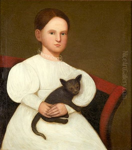 Girl in White Dress with Black Cat Oil Painting by unknown