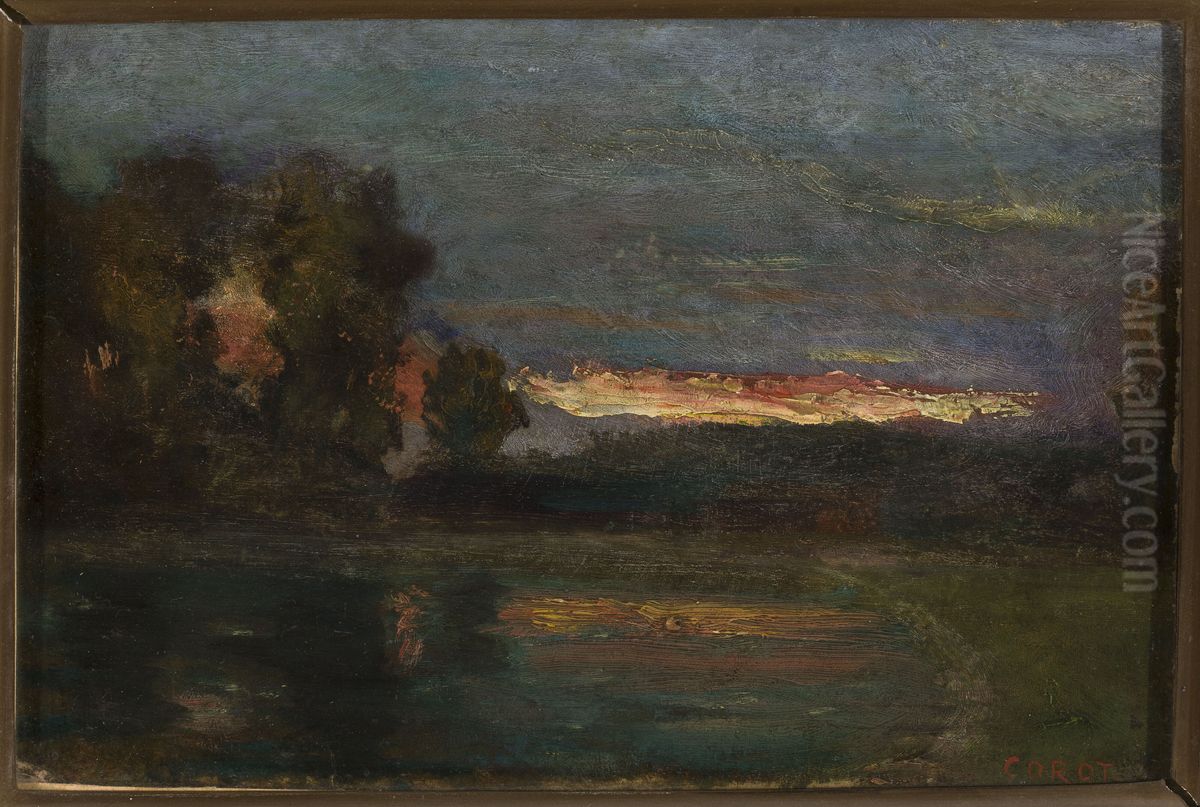 Krajobraz - Zmierzch nad woda Oil Painting by Jean-Baptiste Camille Corot