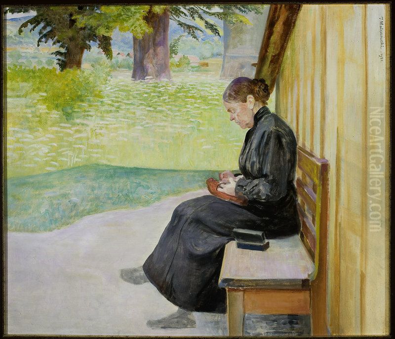 Siostra artysty Bronislawa przed domem Oil Painting by Jacek Malczewski