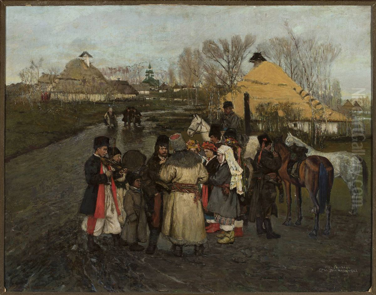 Rozmowa na wiejskiej drodze Oil Painting by Stanislaw Maslowski