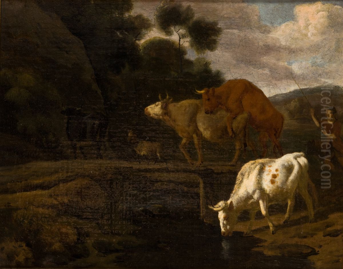 Cows on a Footbridge Oil Painting by Dirck van der Bergen