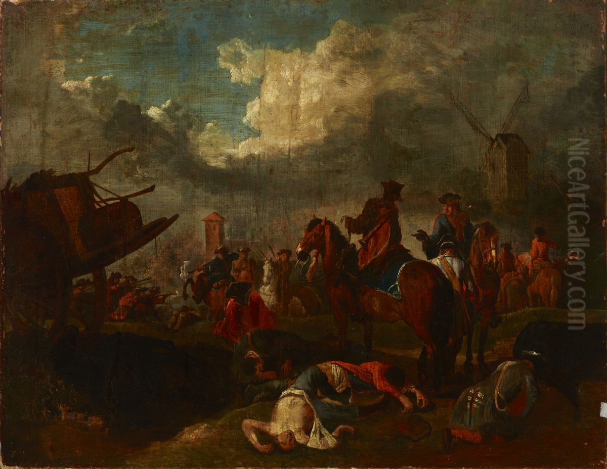 Battle Scene Oil Painting by August Querfurt