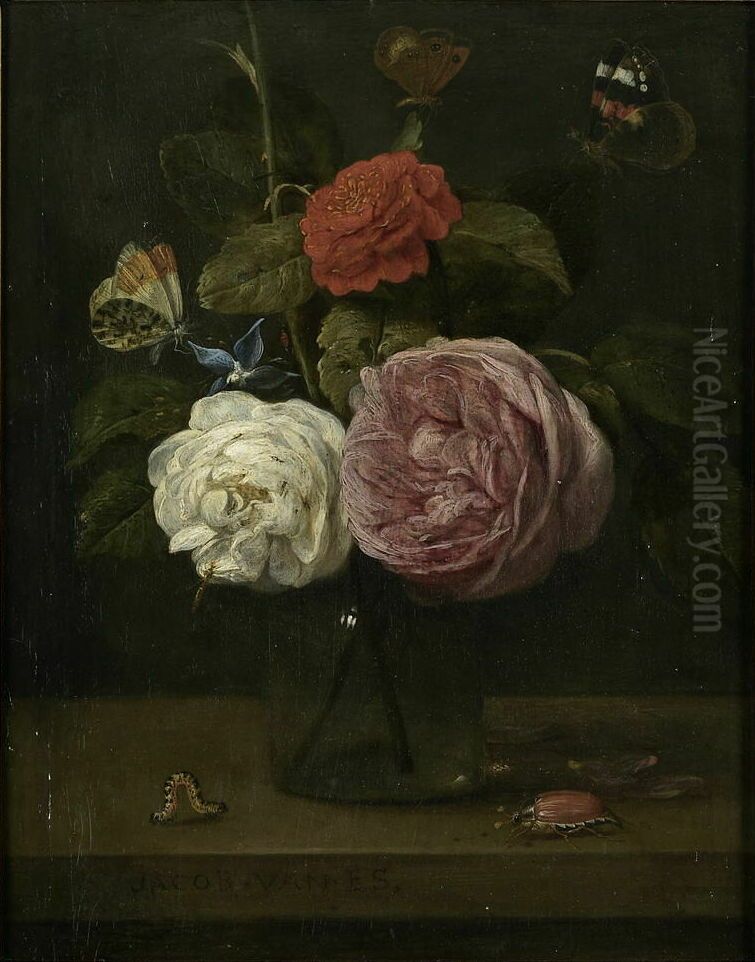 Floral still life of three roses in a glass vase surrounded by three butterflies, a beetle and a caterpillar Oil Painting by Jacob van Es