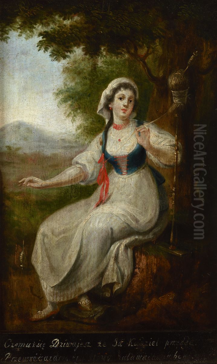 Przadka przy pracy / Przadka frywolna - obraz dwustronny Oil Painting by Michal Stachowicz