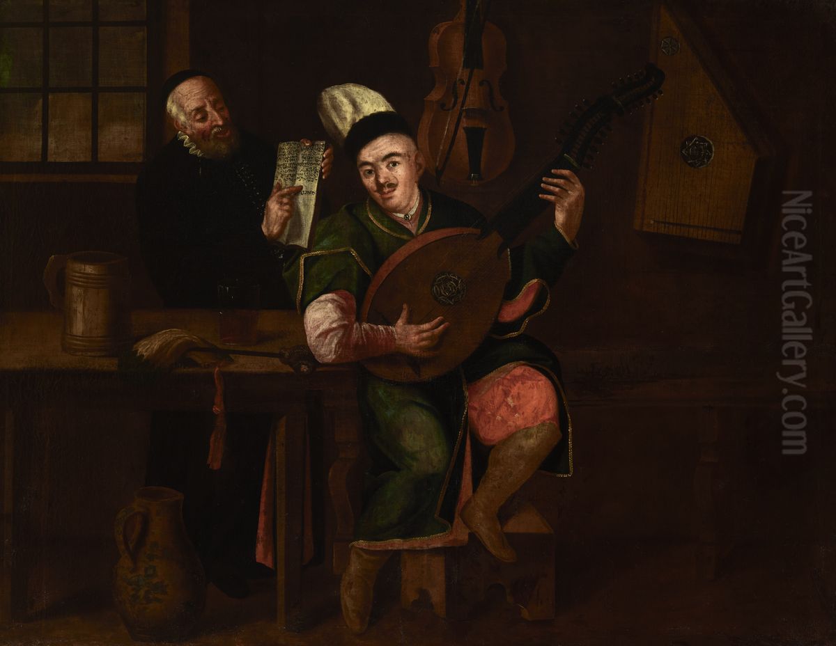 Bandurzysta z Zydem Oil Painting by Michal Stachowicz