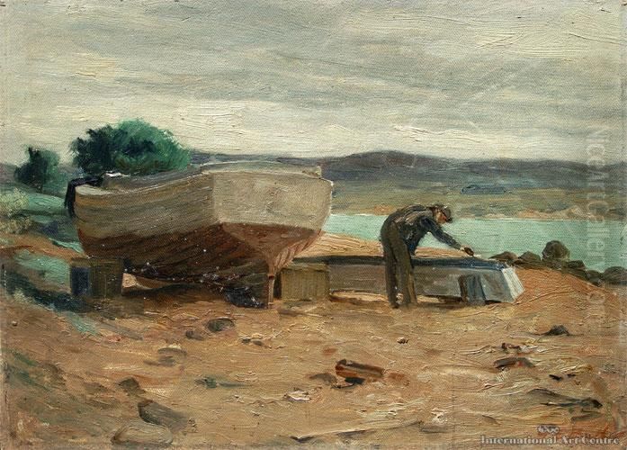 Repairing Boats, Moeraki Oil Painting by George Edmund Butler