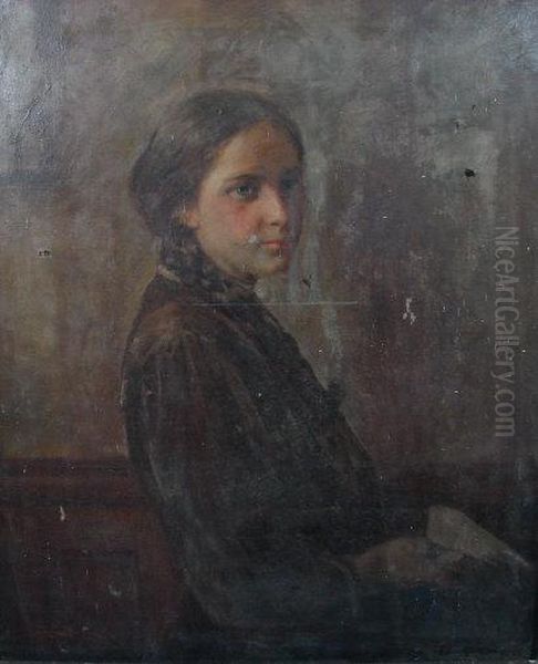 Portrait Of A Young Woman With Platted Hair Stood Holding An Open Book Oil Painting by George Edmund Butler