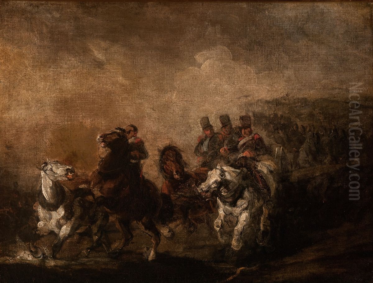 Przejazd artylerii przez rzeke Oil Painting by Piotr Michalowski