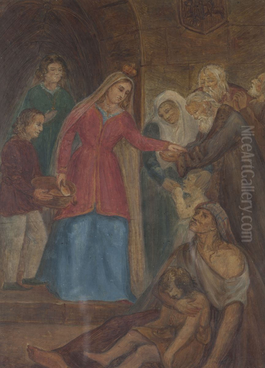 King Jadwiga Distributung Bread to the Poor Oil Painting by Maksymilian Cercha